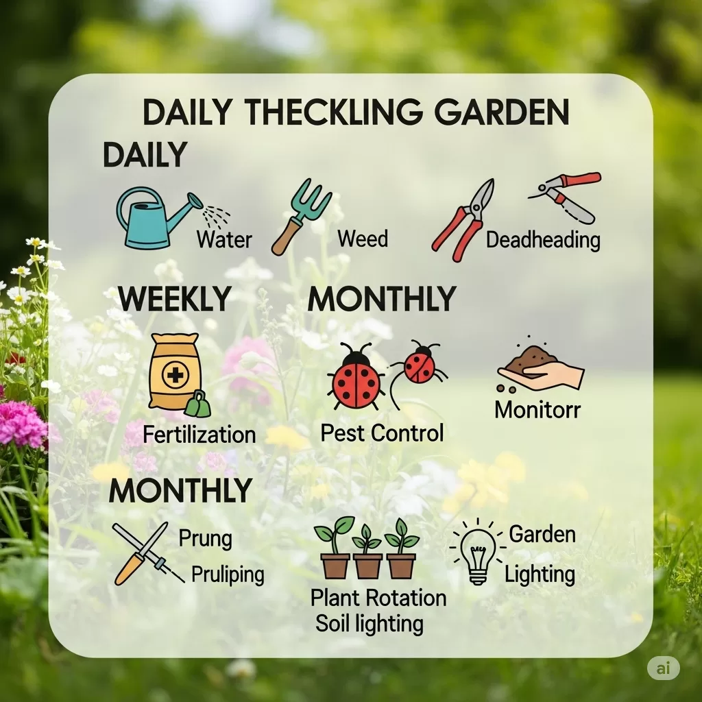 Checklist visual de cuidados diários, semanais e mensais para a manutenção de um jardim vibrante, incluindo ícones para rega, adubação e iluminação.