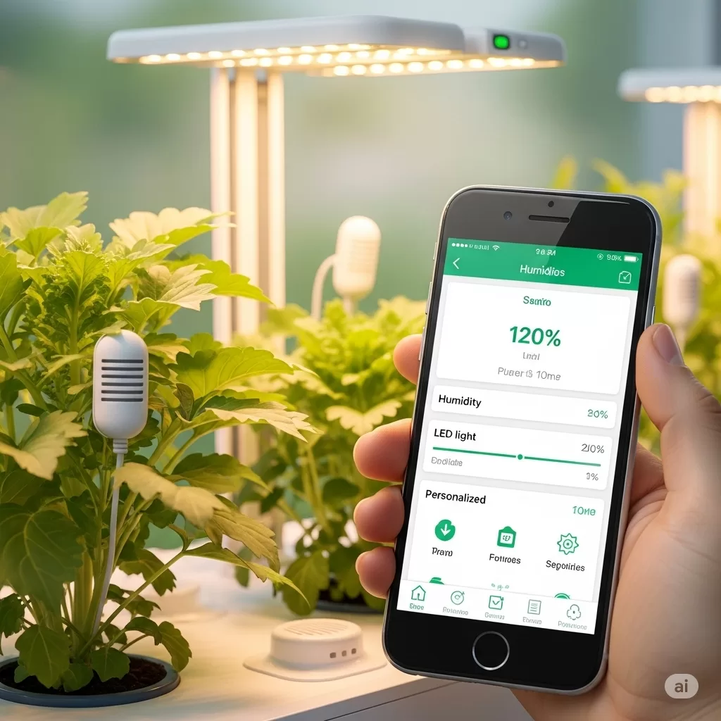 Foto de um sistema automatizado para jardins, incluindo sensores de umidade e lâmpadas LED com temporizadores, conectados a um smartphone.