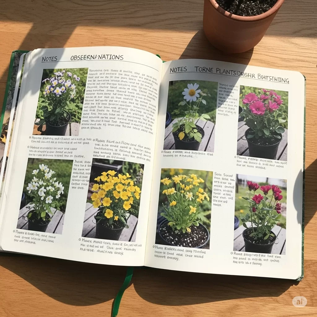 Fotografia de um diário de jardinagem, com anotações e fotos das plantas em diferentes estágios de crescimento.