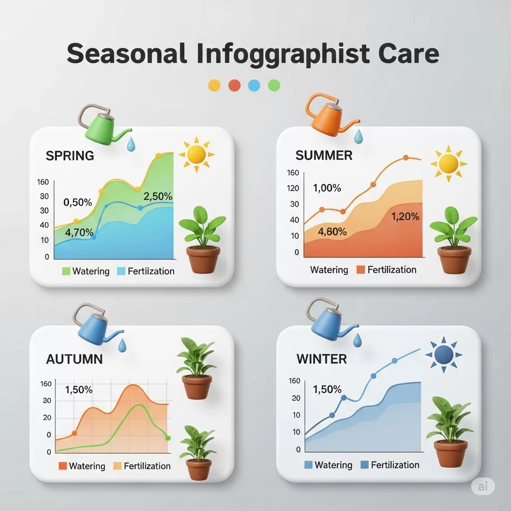 Infográfico que ilustra as mudanças nos cuidados para cada estação, com gráficos de aumento ou redução de rega e adubação conforme a primavera, verão, outono e inverno.