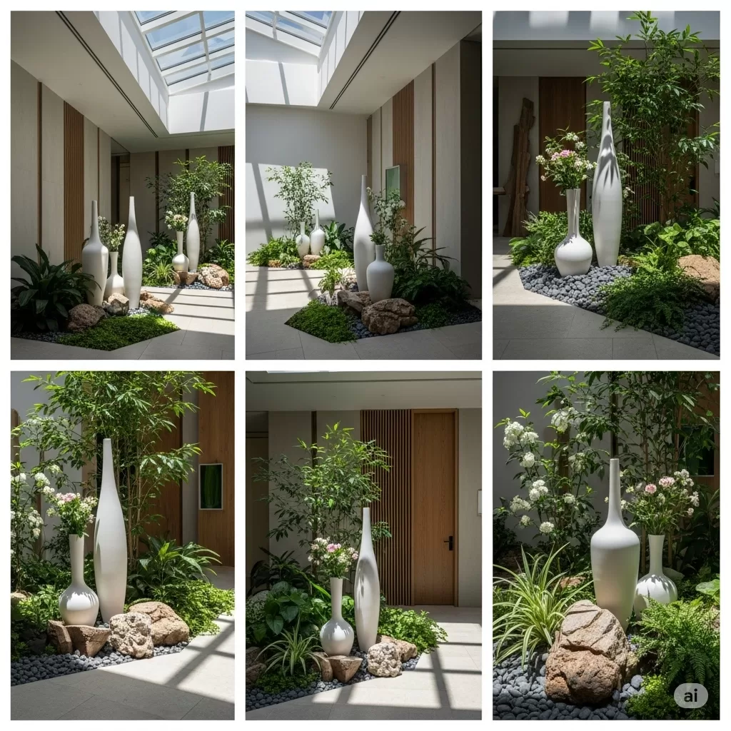 Montagem de um espaço decorativo com vasos modernos, elementos naturais e um layout que integra harmonia e criatividade em um jardim interno.