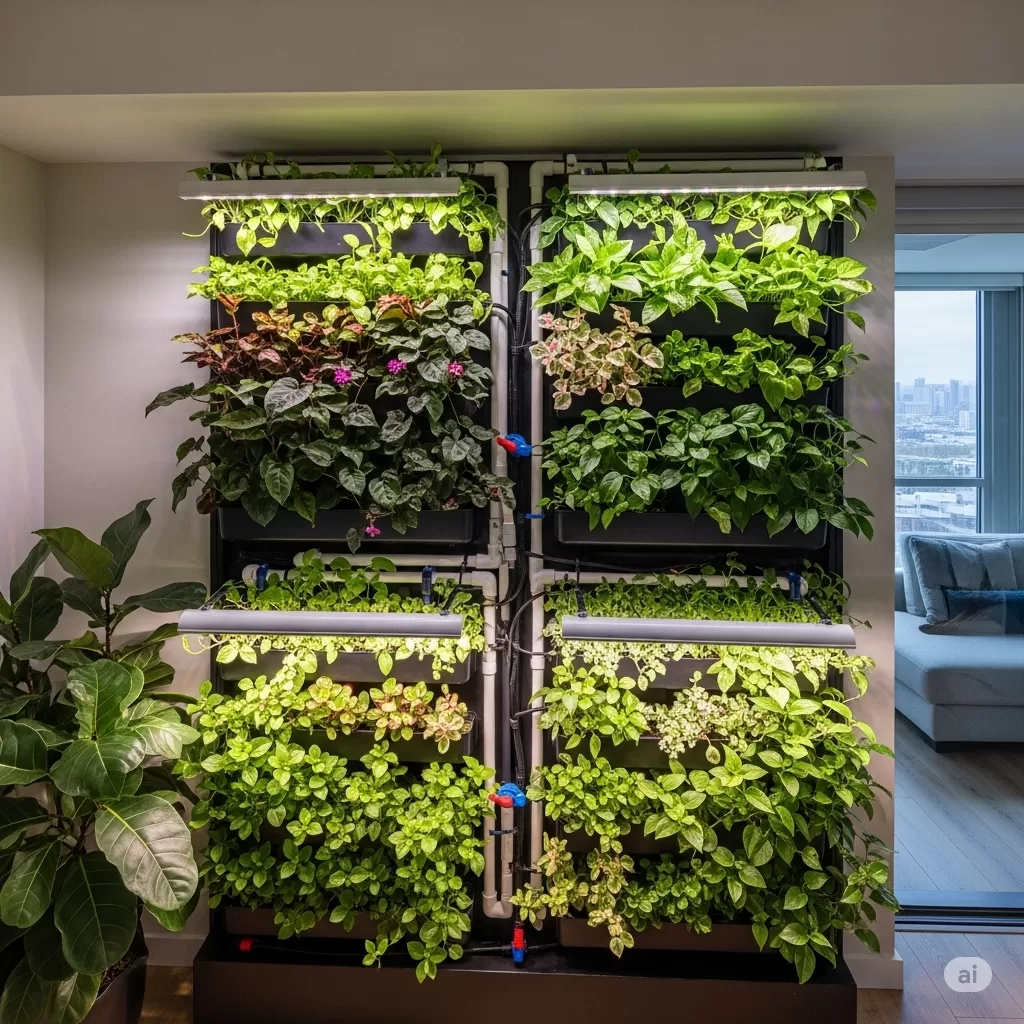 Fotografia de um jardim vertical em um apartamento urbano, com destaque para a integração dos sistemas de irrigação e iluminação.