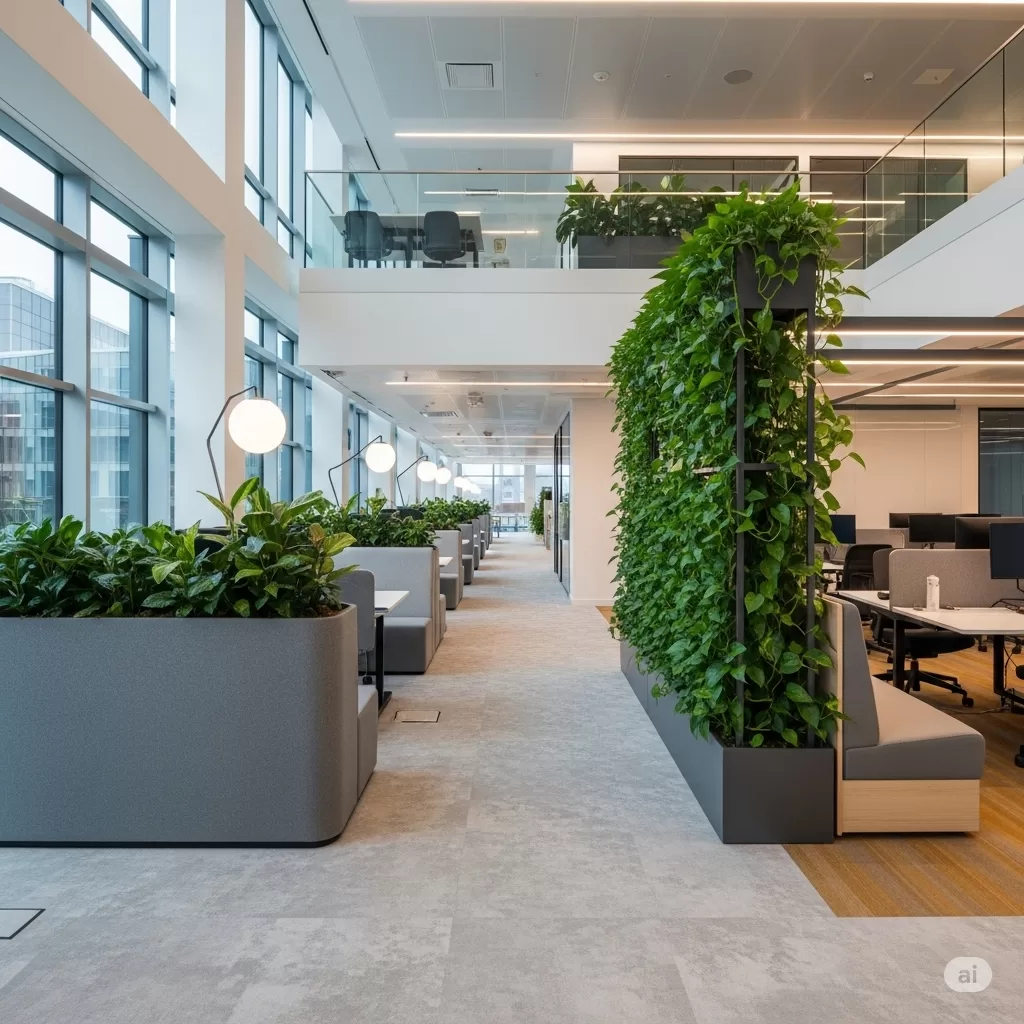 Ambiente corporativo moderno com plantas estrategicamente posicionadas, iluminação sofisticada e um design que reflete a harmonia entre natureza e inovação.
