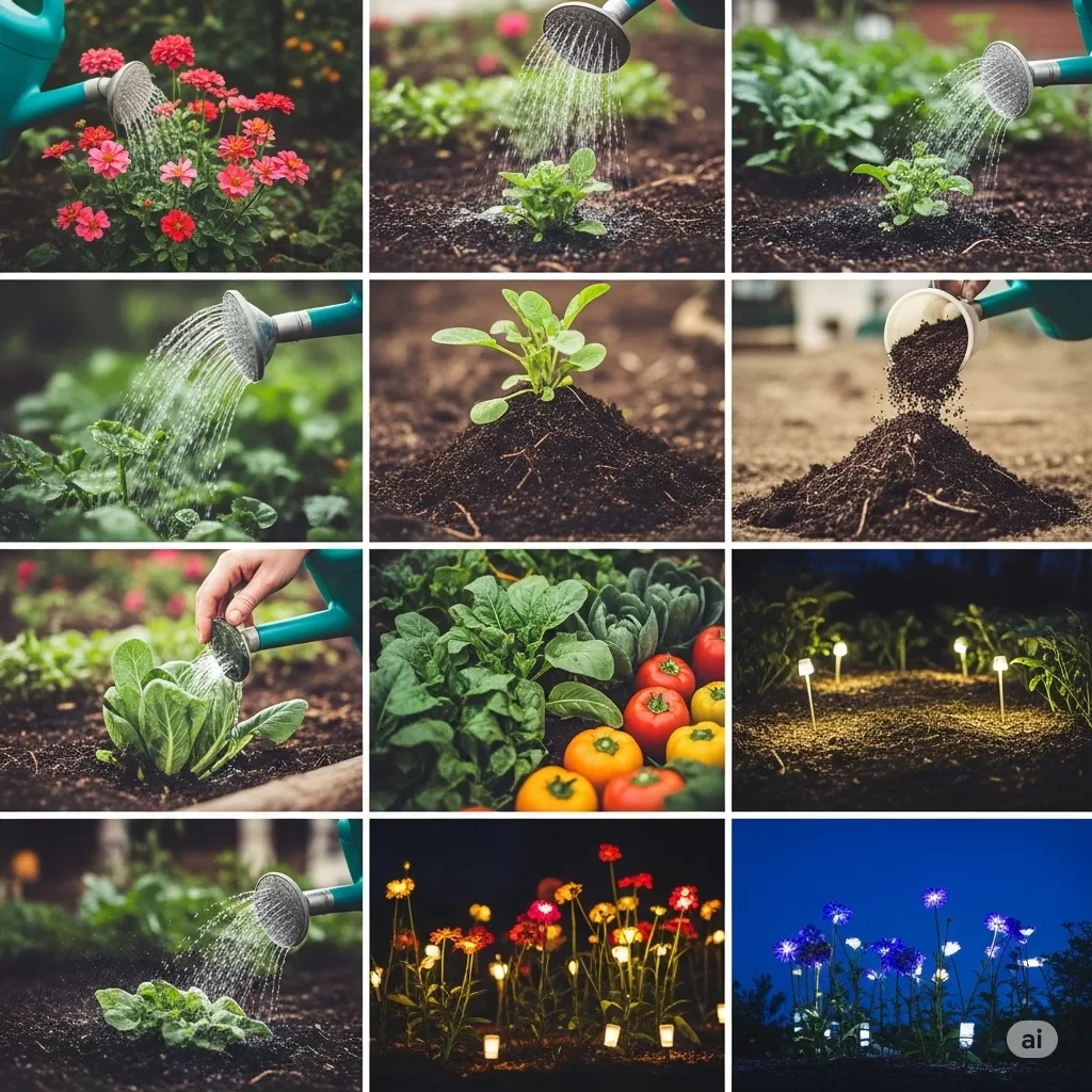 Uma colagem final inspiradora, reunindo momentos de rega, adubação e iluminação, representando a transformação de um ambiente em um jardim vibrante e harmonioso.