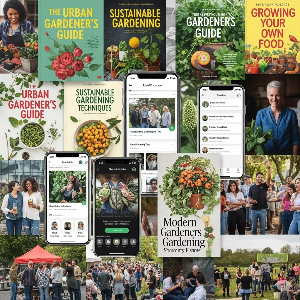 Montagem de capas de livros, capturas de tela de aplicativos e fotos de eventos de jardinagem, evidenciando a riqueza de recursos disponíveis para um cultivador moderno.