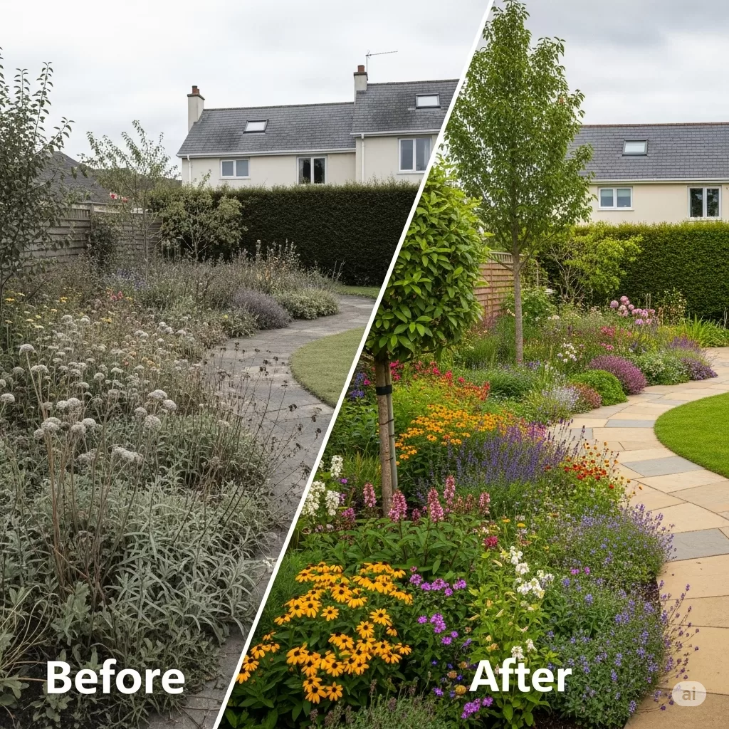Uma última composição inspiradora do antes e depois de um jardim transformado, demonstrando visualmente o impacto dos cuidados integrados.