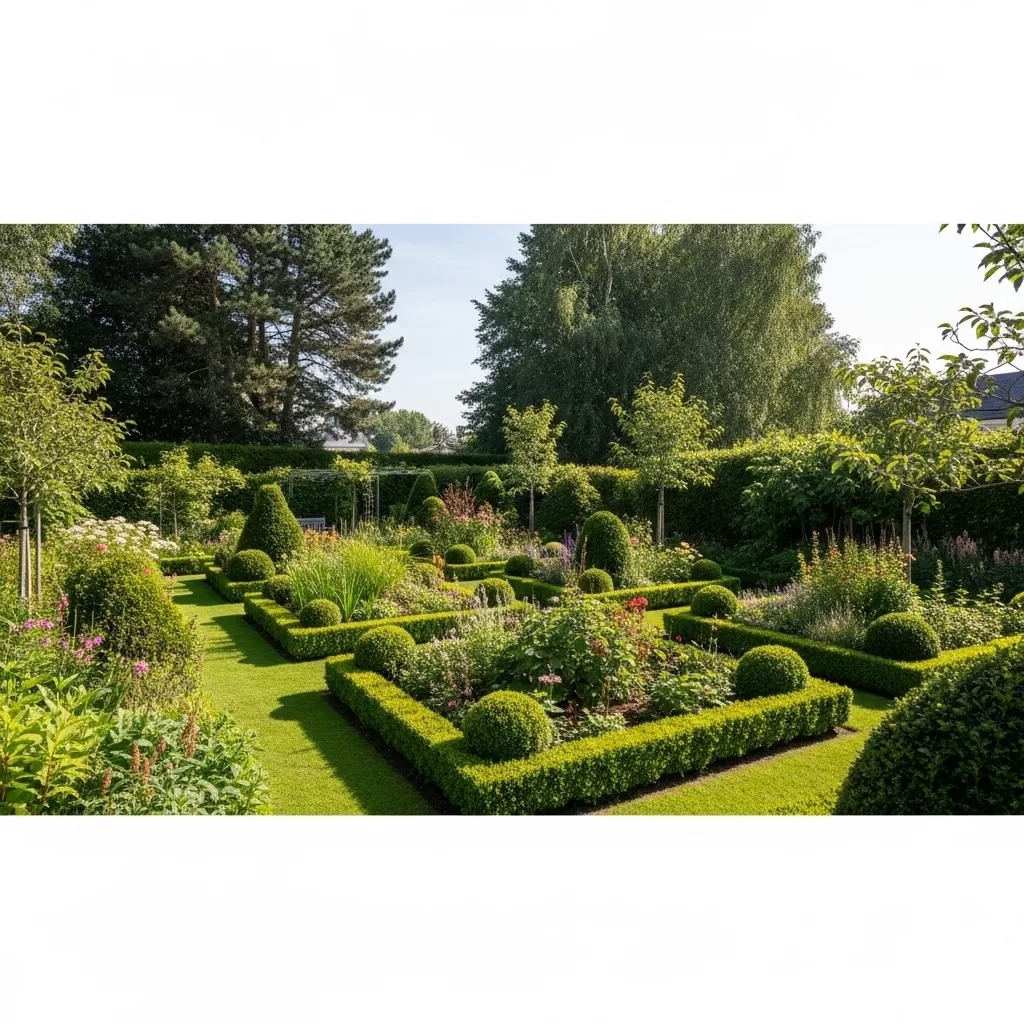 Vista panorâmica de um jardim bem cuidado com diferentes espécies de plantas, mostrando áreas com poda recente e ausência de pragas visíveis.