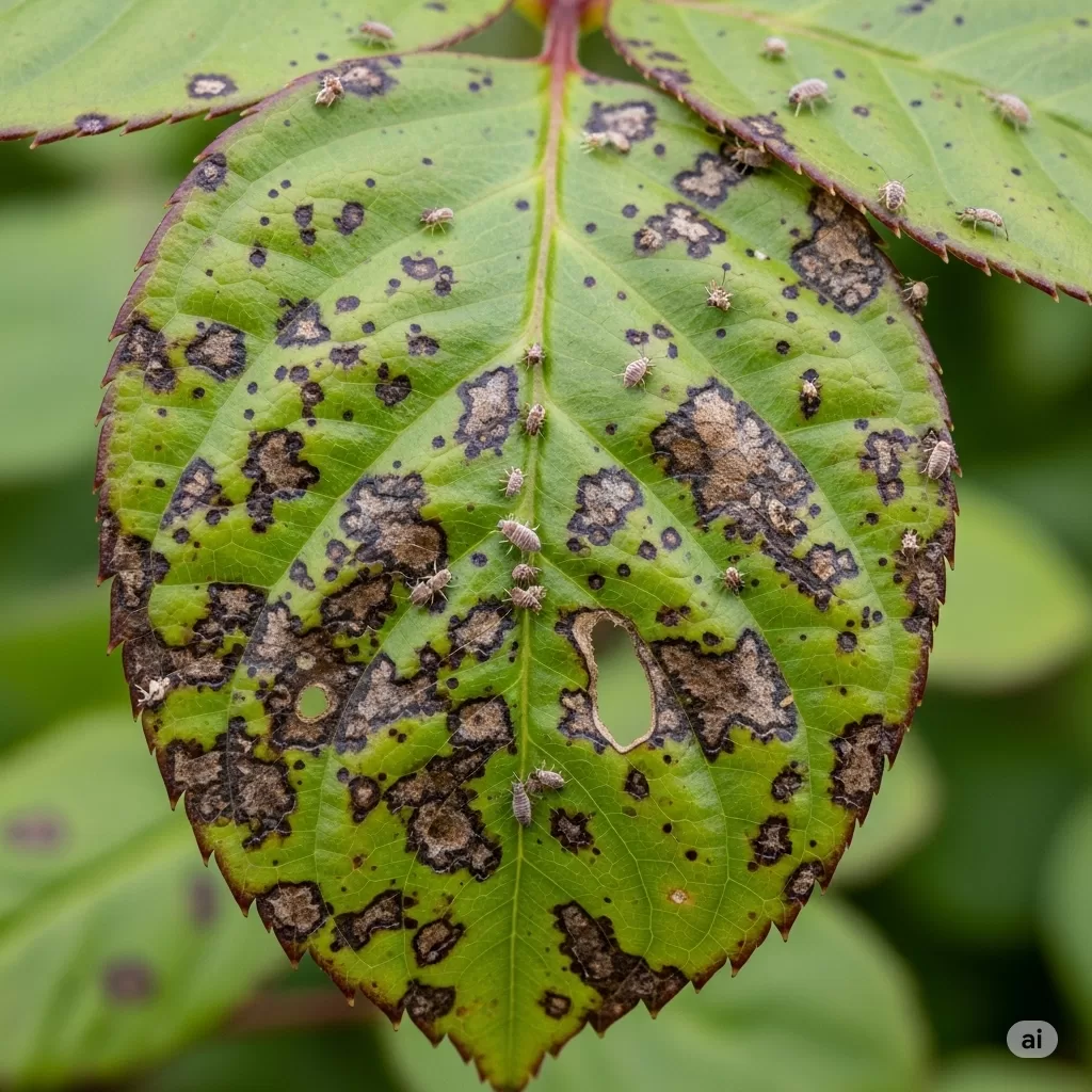 Fotografia de uma folha com manchas e pequenos insetos visíveis, ilustrando os efeitos de uma infestação não tratada.