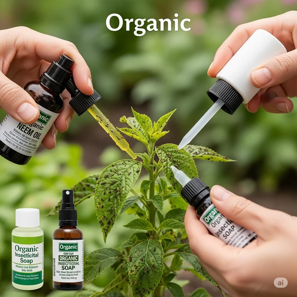 Frascos e aplicações de produtos orgânicos, como óleo de neem e sabão inseticida, sendo aplicados em uma planta afetada.