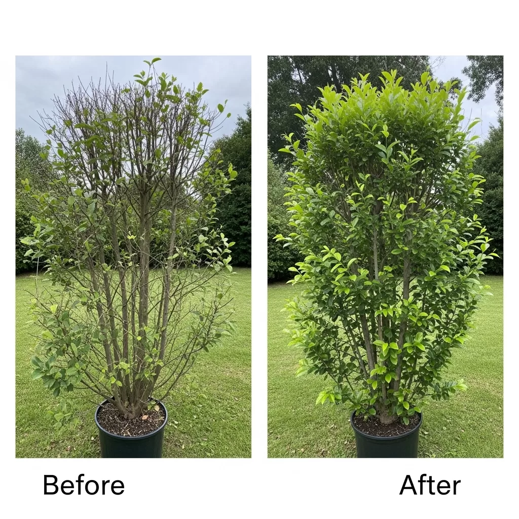 Imagem comparativa de uma planta antes e depois de uma poda de rejuvenescimento, mostrando uma recuperação notável do vigor e do formato.