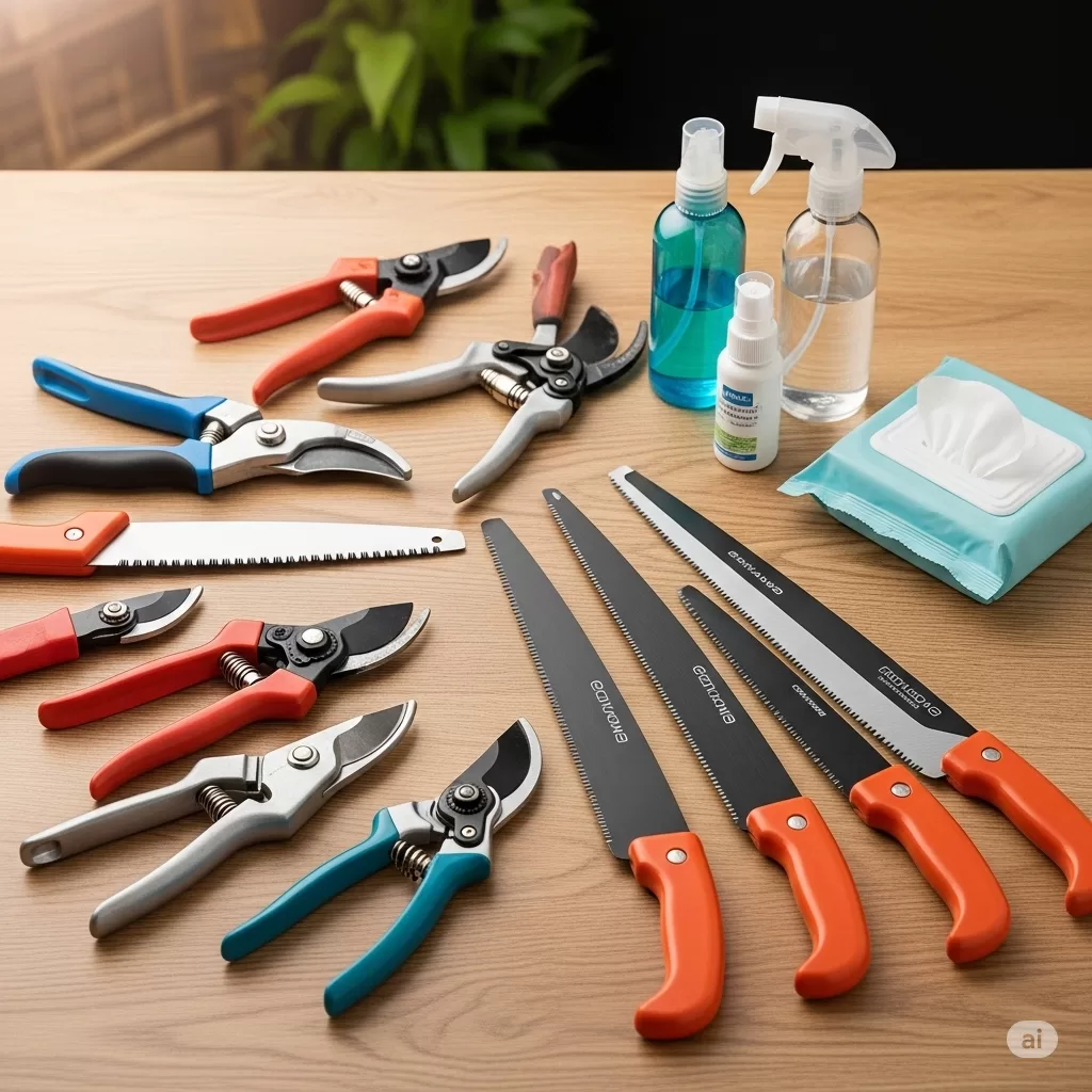 Conjunto de ferramentas de poda dispostas em uma mesa, com destaque para tesouras, serrotes e produtos de desinfecção.