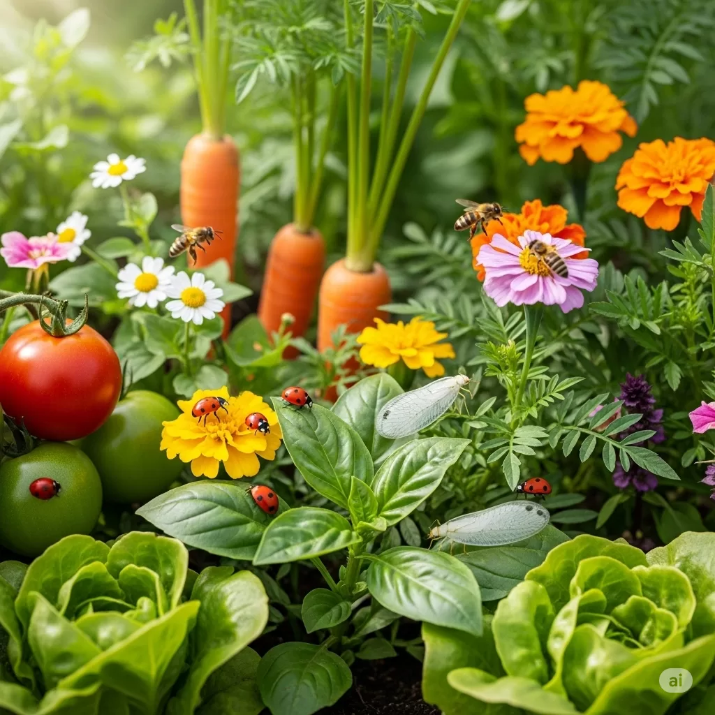 Foto de um jardim orgânico onde plantas companheiras estão sendo cultivadas próximas a hortaliças, com destaque para a presença de insetos benéficos.