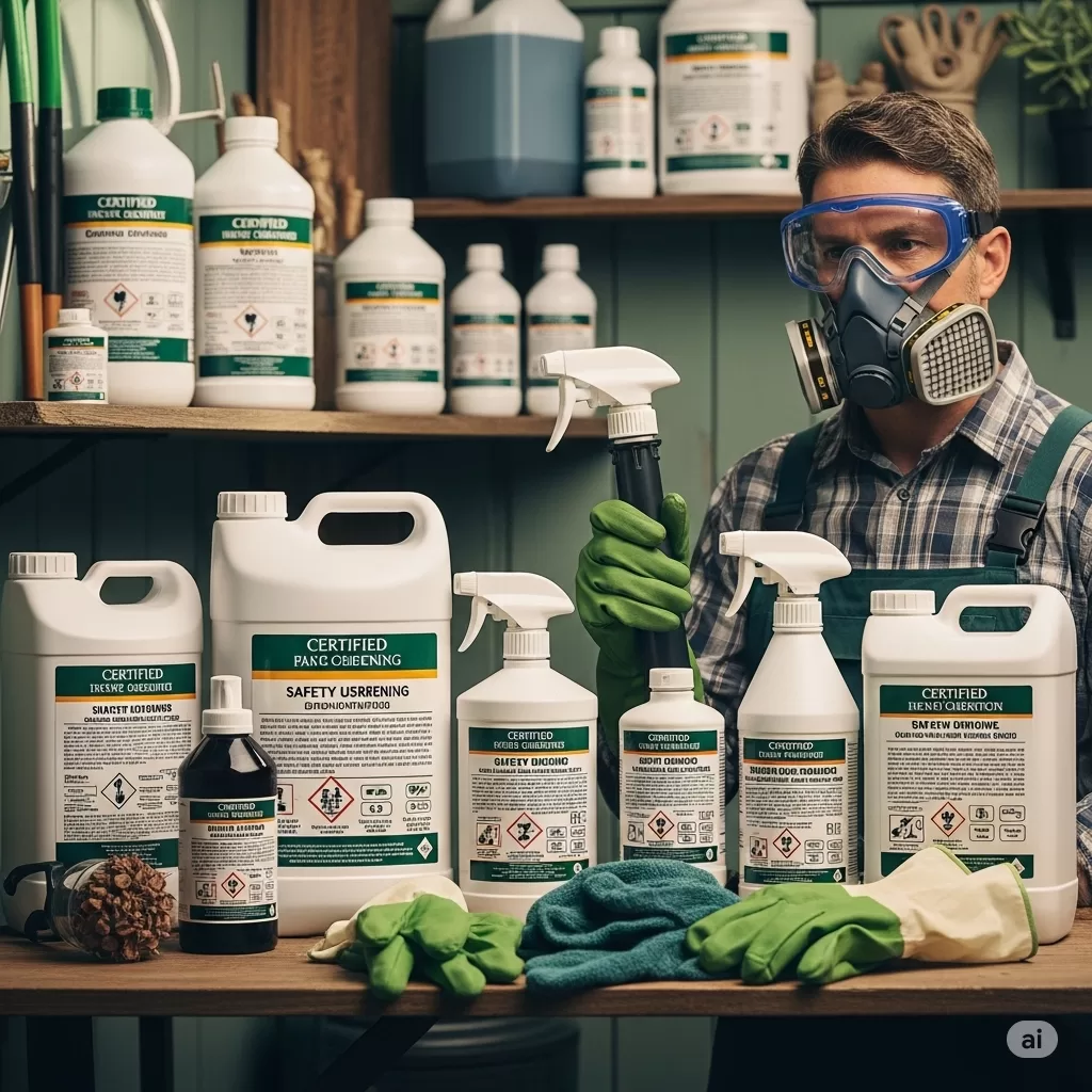 Equipamentos de proteção e rótulos de produtos químicos certificados para uso em jardinagem, enfatizando a aplicação responsável.