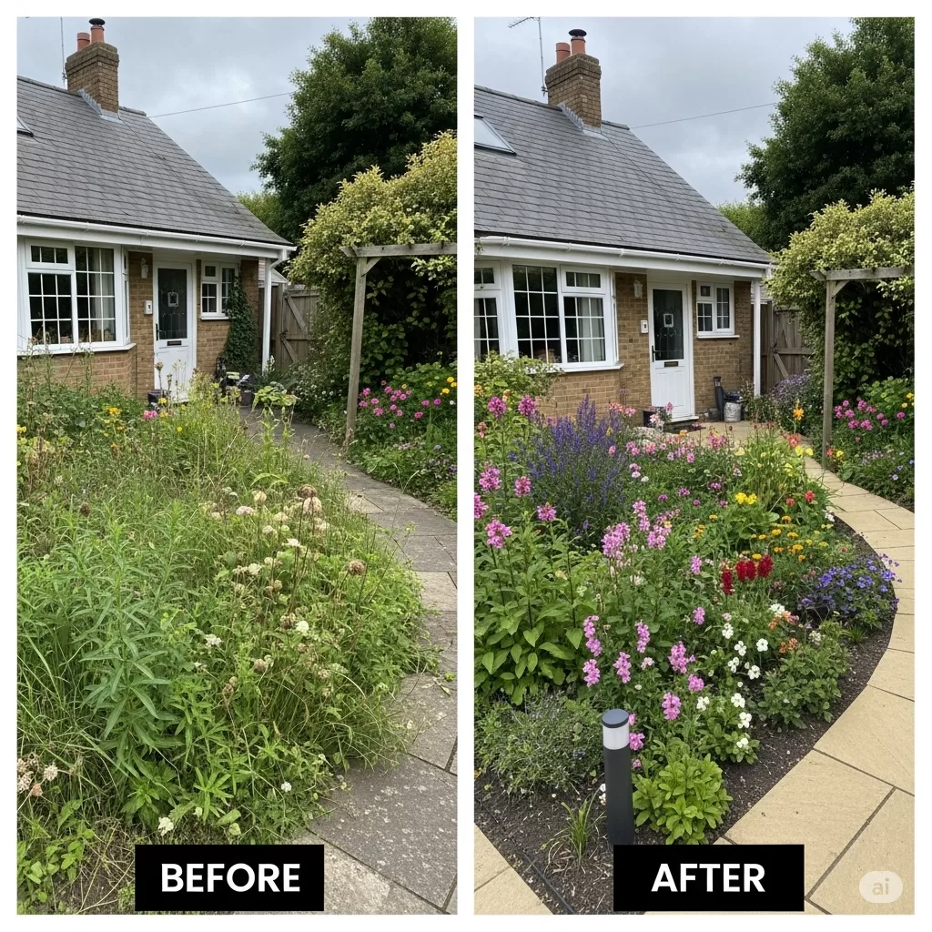 Antes e depois do jardim residencial, evidenciando a melhoria estética e a redução da infestação.