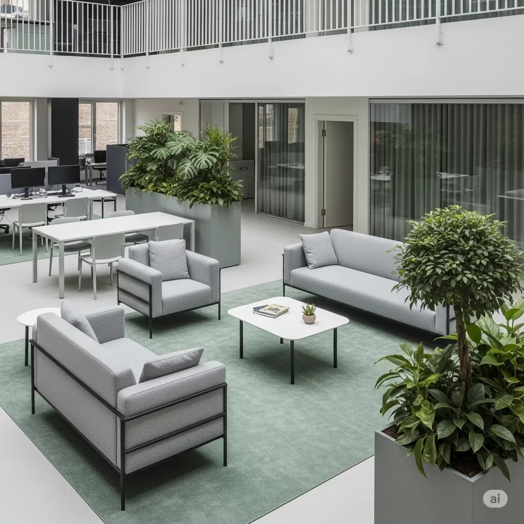Espaço de convivência corporativo com plantas bem podadas e ausência de pragas, promovendo um ambiente relaxante e produtivo.