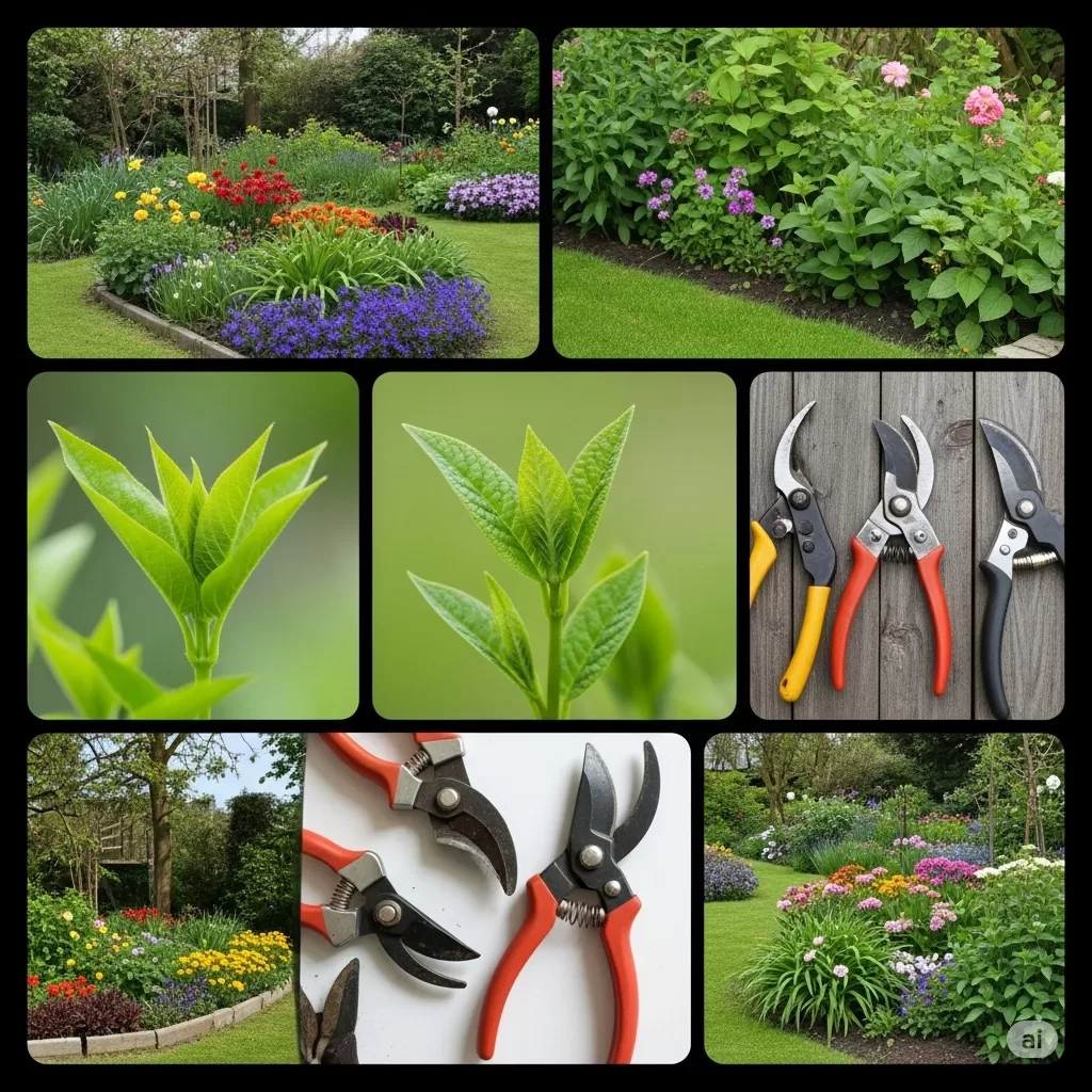 Uma colagem final inspiradora com imagens de jardins bem cuidados, folhas frescas e ferramentas de poda, simbolizando a transformação e o cuidado contínuo.