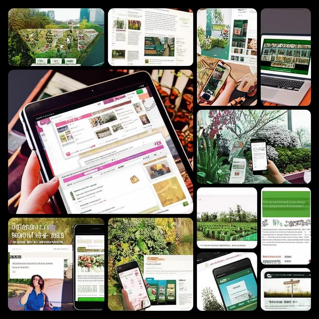 Montagem de capas de livros, capturas de tela de aplicativos e fotos de workshops de jardinagem, simbolizando a ampla gama de recursos disponíveis.
