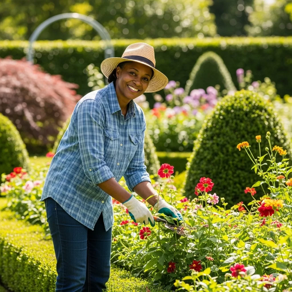 Fotografia inspiradora de um jardineiro feliz trabalhando em um jardim exuberante, demonstrando o prazer e o orgulho de um espaço bem cuidado.
