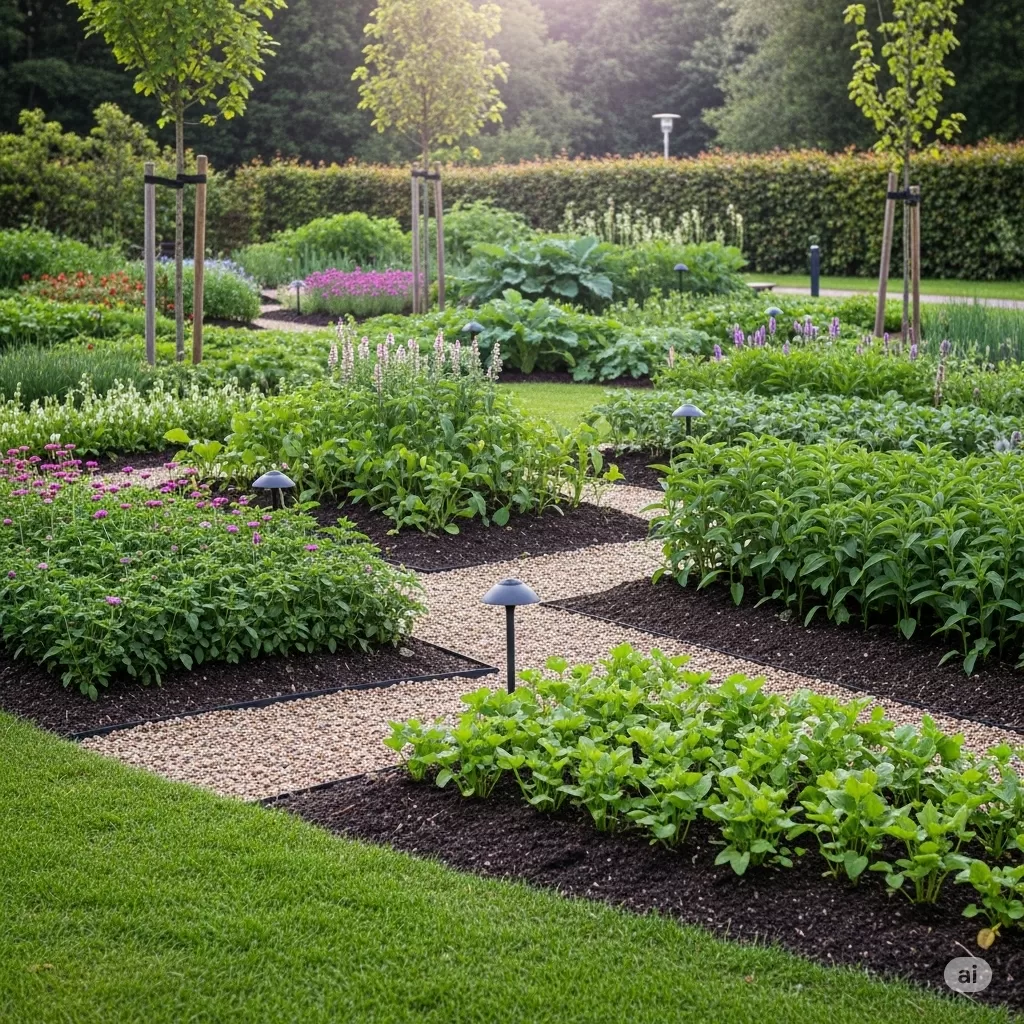 Um jardim bem estruturado com diversas plantas recém-transplantadas em harmonia com o ambiente.