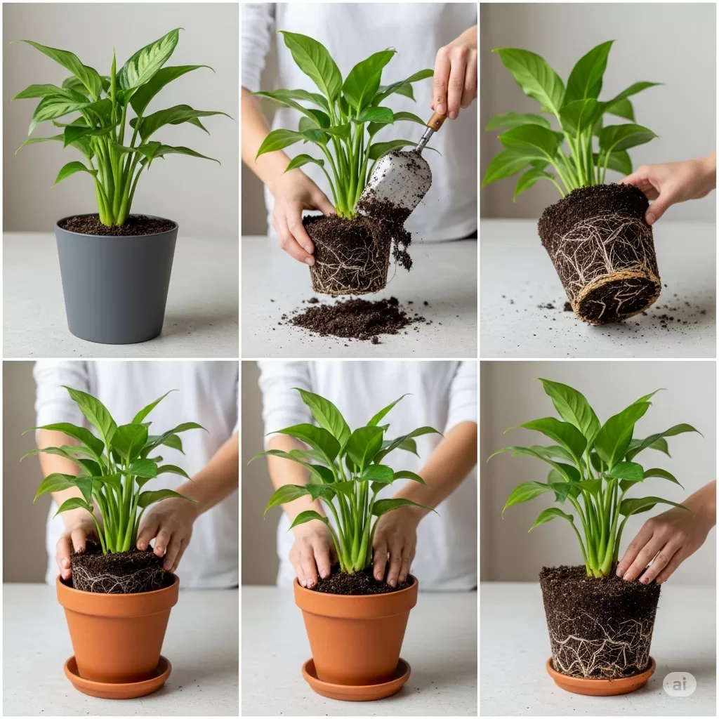 Sequência de fotos mostrando o processo de retirada de uma planta de um vaso e seu replantio em um novo recipiente.
