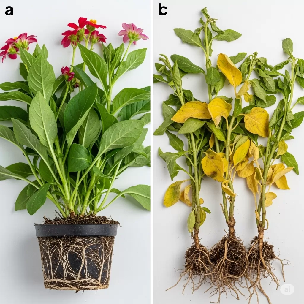 Comparação entre plantas que se adaptaram bem ao transplantio e aquelas que apresentam sinais de estresse.