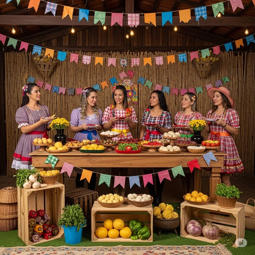 Horta temática festa junina brasil em caixotes de madeira rústicos com ervas frescas disponíveis para os participantes.