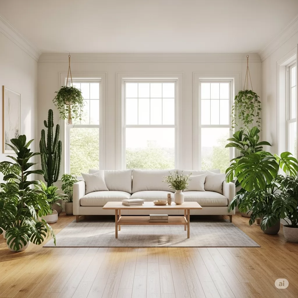 Sala de estar clara e arejada com diversas plantas.