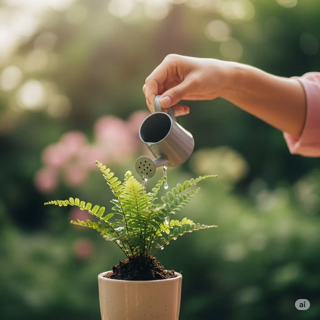 Mão regando uma planta pequena em um vaso.