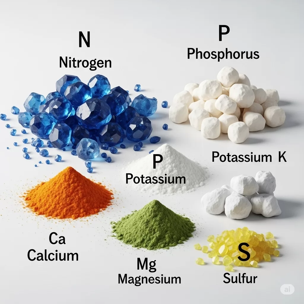 Variedade de nutrientes: Nitrogênio (N), Fósforo (P) e Potássio (K), além de Cálcio (Ca), Magnésio (Mg) e Enxofre (S).