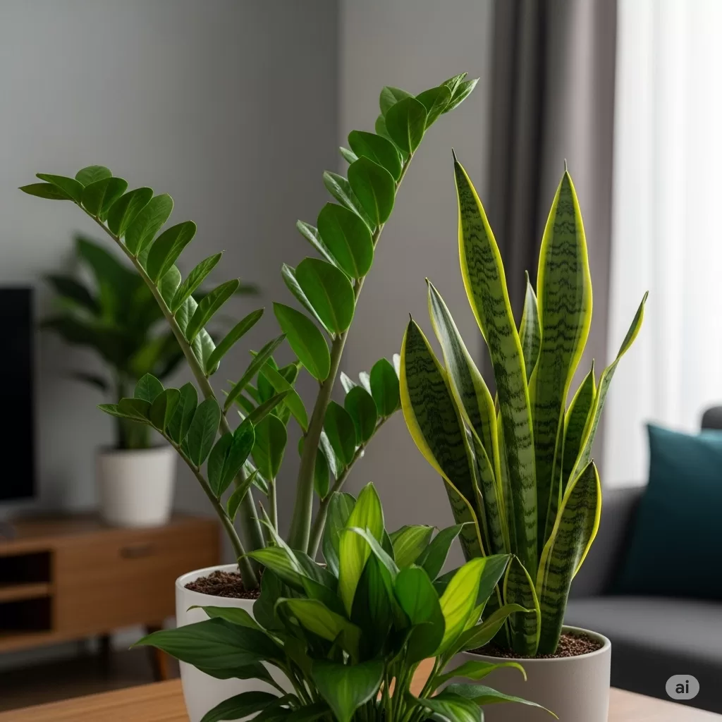 Várias plantas de interior, incluindo uma Zamioculca e uma Espada-de-São-Jorge