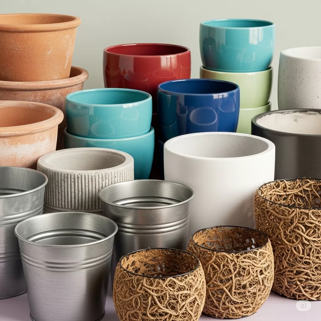 Vasos terracota, cerâmica esmaltada, cimento/concreto, metal, fibras (coco, vime).