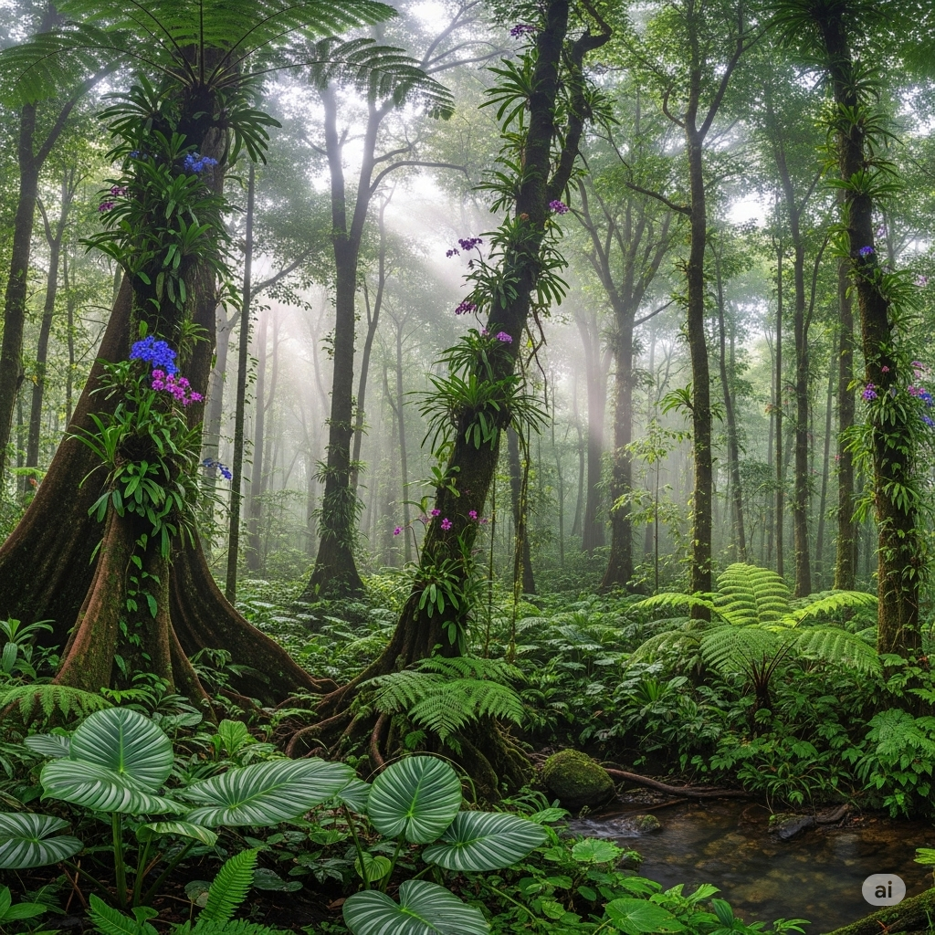 Vista panorâmica de uma floresta tropical densa e verde, com raios de sol atravessando a copa das árvores e destacando a vegetação luxuriante.