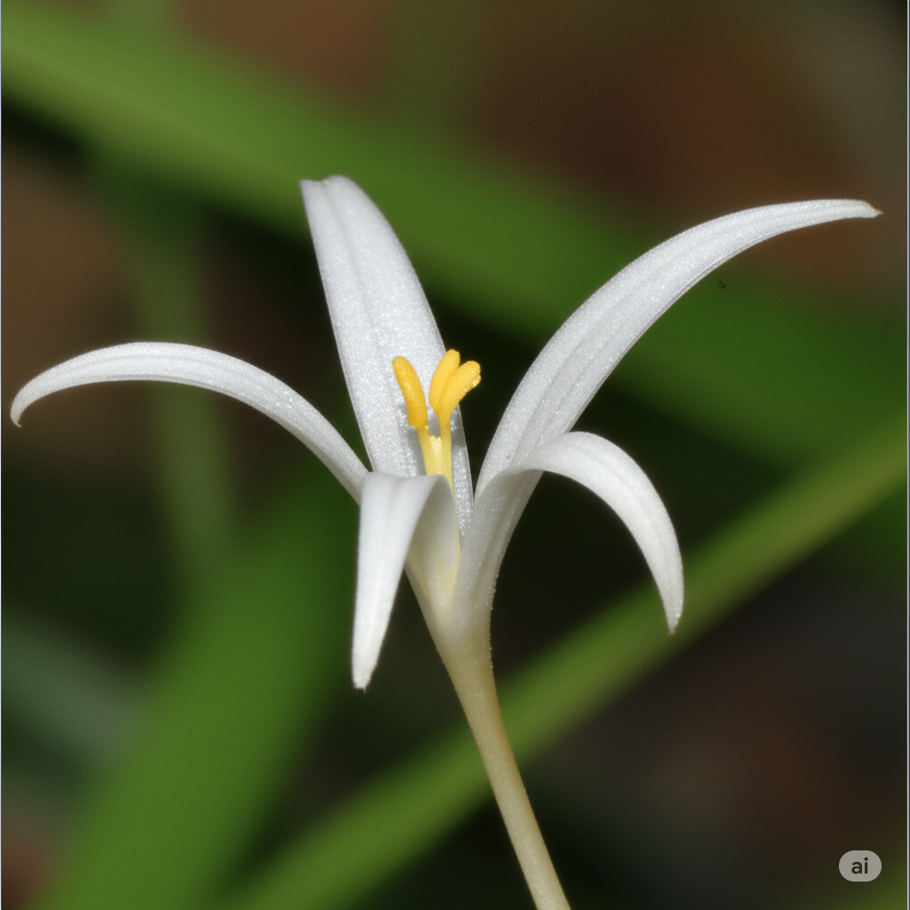 Macro de uma orquídea rara e fascinante com folhas escuras e veios dourados em um fundo branco minimalista.