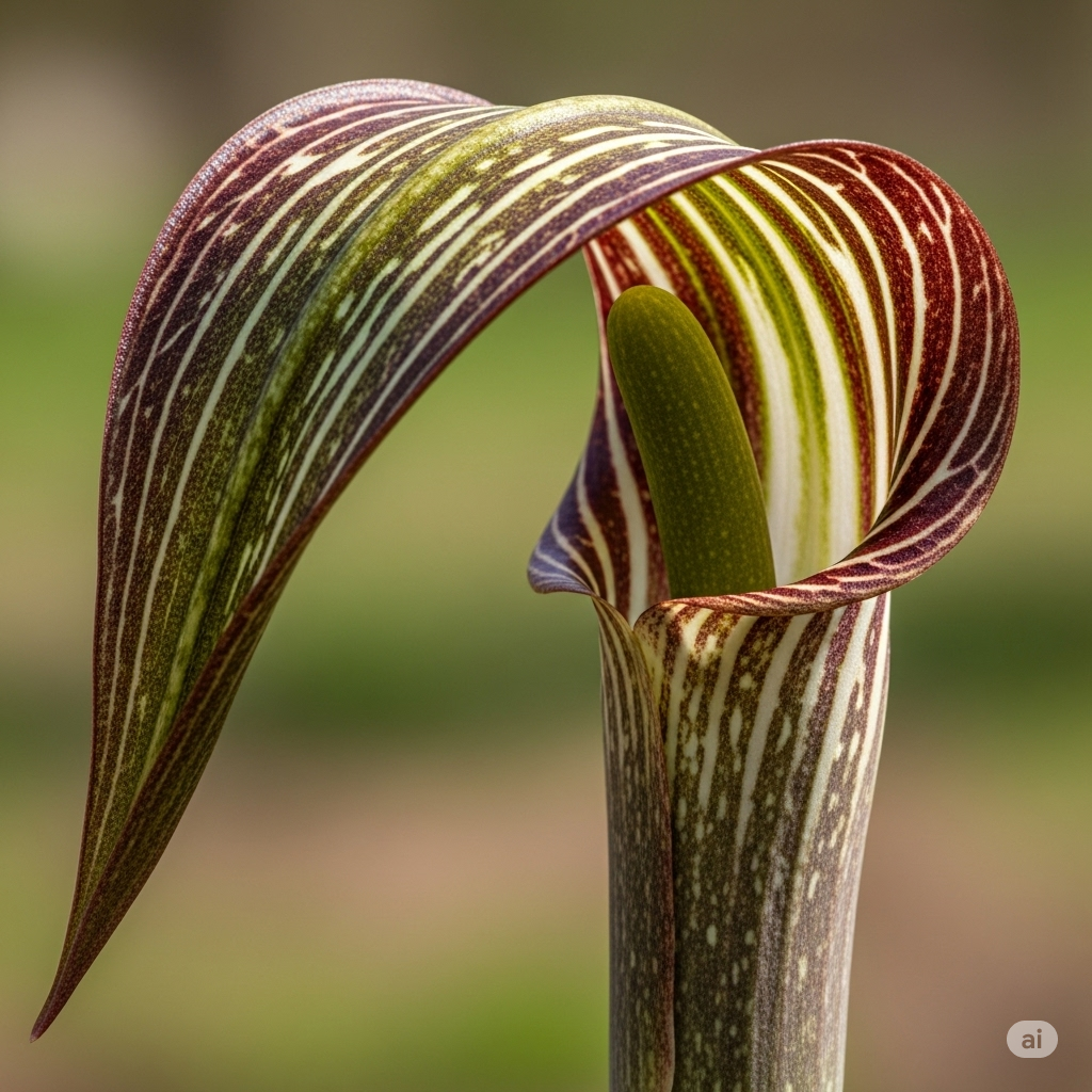 Macro da espádice de uma Arisaema triphyllum (Jack-in-the-Pulpit), mostrando suas padronagens e cores distintas.