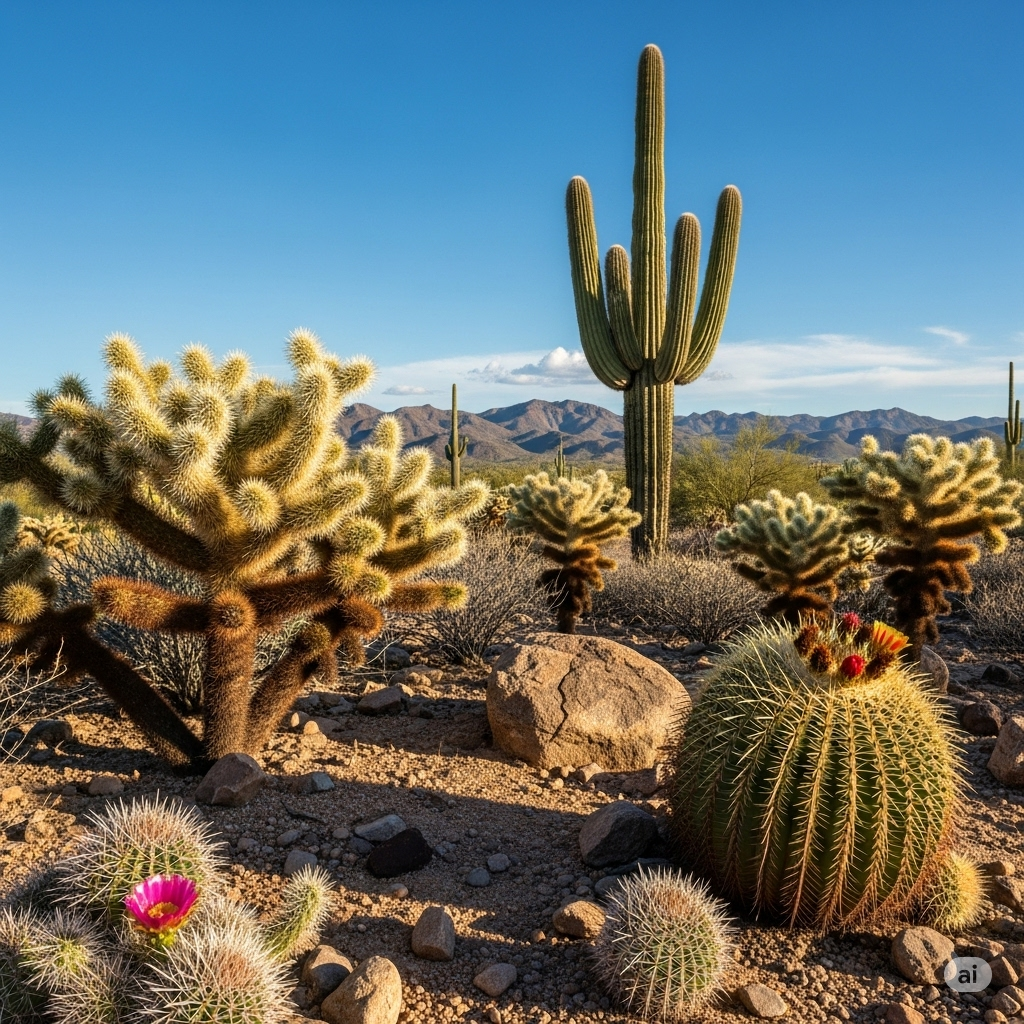 Vista do deserto de Sonora com uma variedade de cactos endêmicos, incluindo um saguaro alto e um cacto-barril redondo, sob um céu azul e claro.