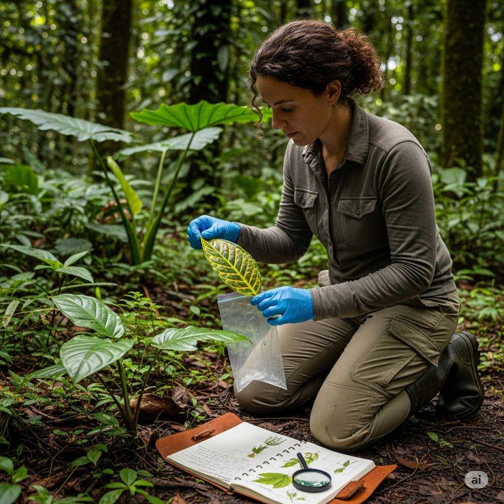 Uma botânica ajoelhada em uma floresta tropical, coletando uma folha para análise em um saco de amostra, com um caderno e uma lupa por perto.