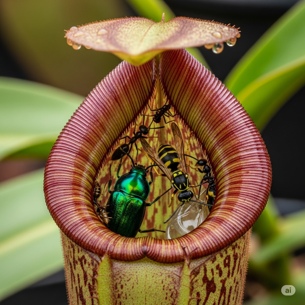 Macro de uma jarra da planta carnívora Nepenthes rajah, com um besouro verde e uma vespa capturados dentro.