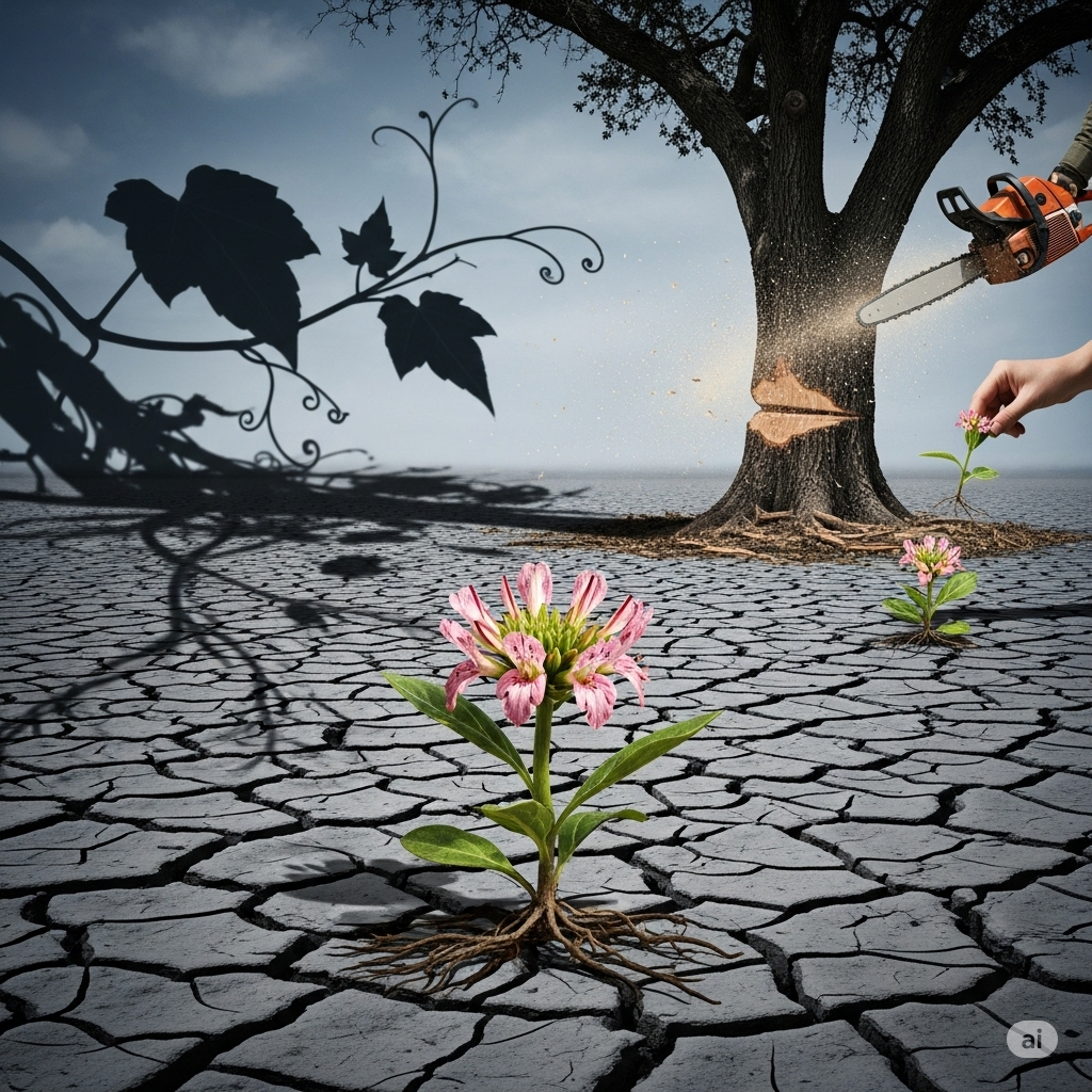 Uma imagem conceitual que mostra uma planta delicada em um solo rachado, com uma motosserra cortando uma árvore e uma mão coletando outra planta, simbolizando as principais ameaças às plantas raras.