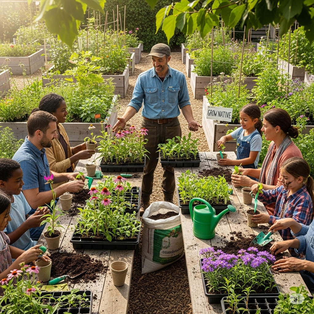 Crianças e adultos de uma comunidade participando de uma oficina de plantio, onde aprendem a plantar mudas nativas em vasos.
