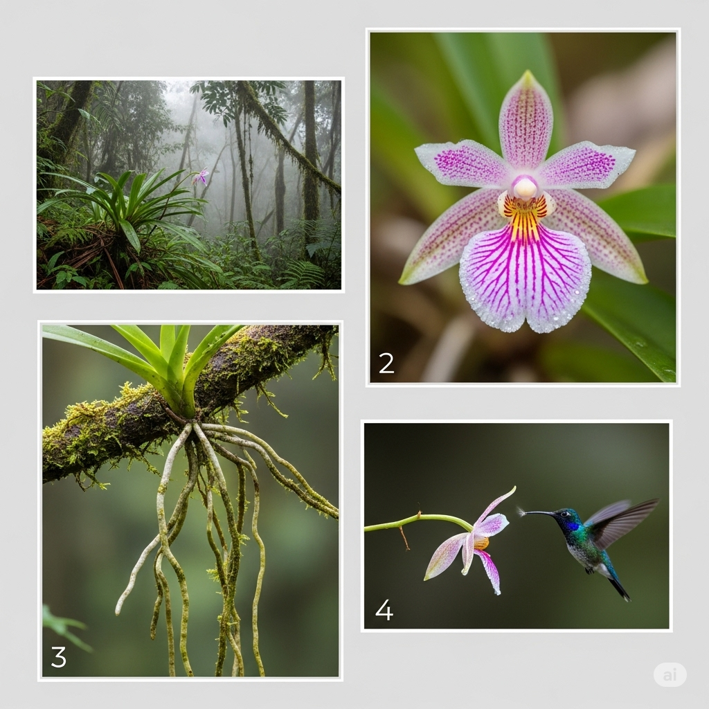 Uma colagem fotográfica em quatro partes que serve como guia para documentação de plantas, mostrando a planta em seu habitat, um close da flor, as raízes aéreas e a interação com um polinizador.