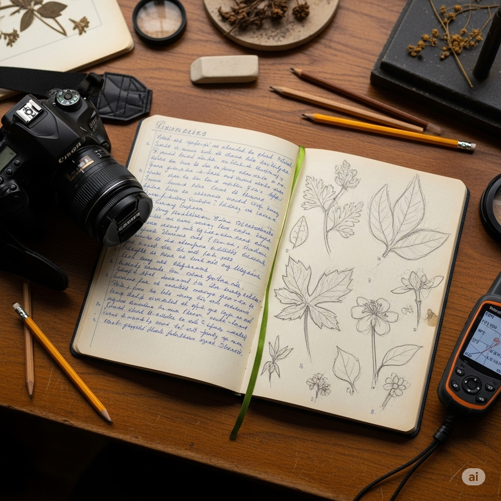 Uma mesa de trabalho com um caderno de campo aberto contendo anotações e desenhos de plantas, uma câmera DSLR e um dispositivo GPS.