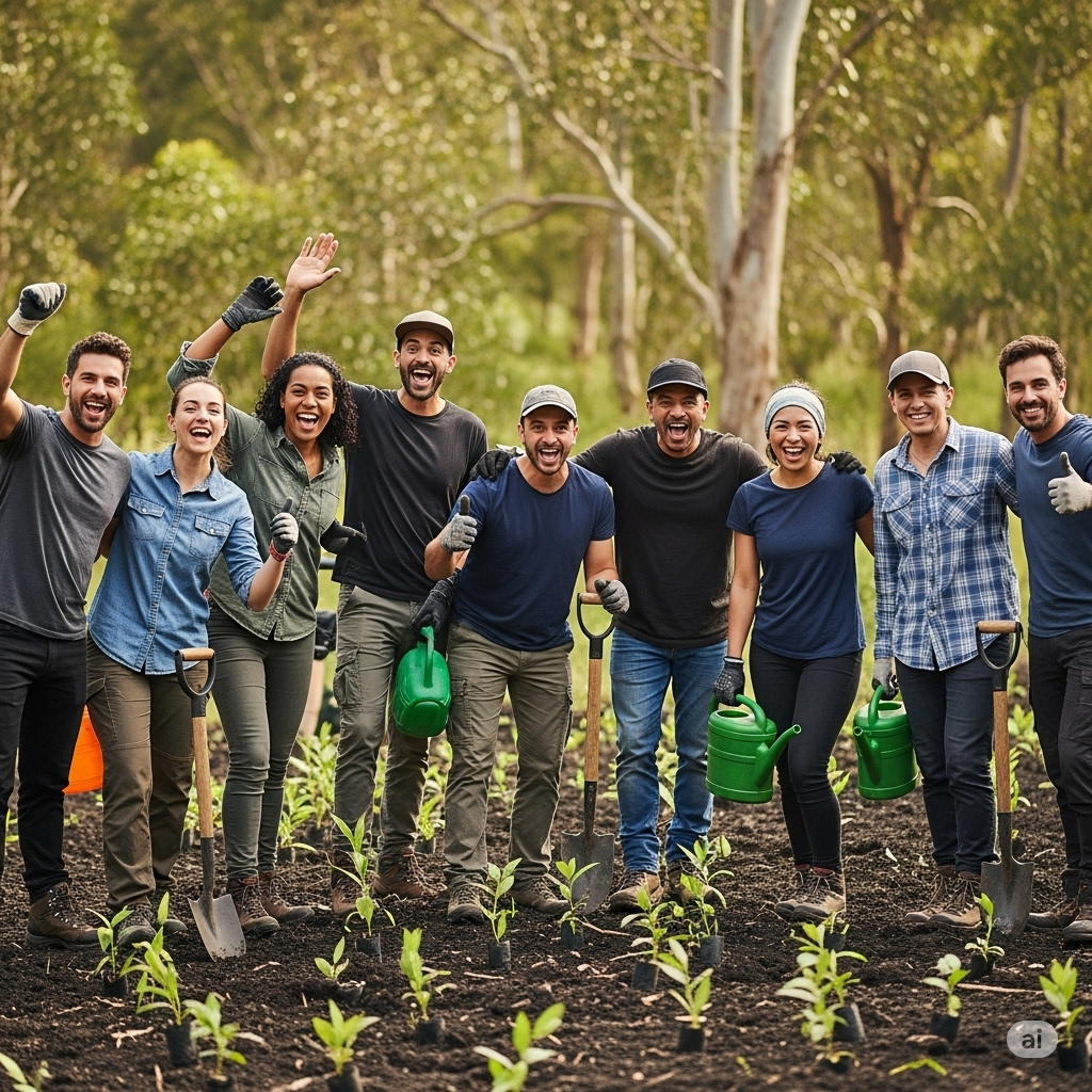 Um grupo diversificado de voluntários sorri e celebra em uma área de plantio, com mudas recém-plantadas no chão, segurando pás e regadores.