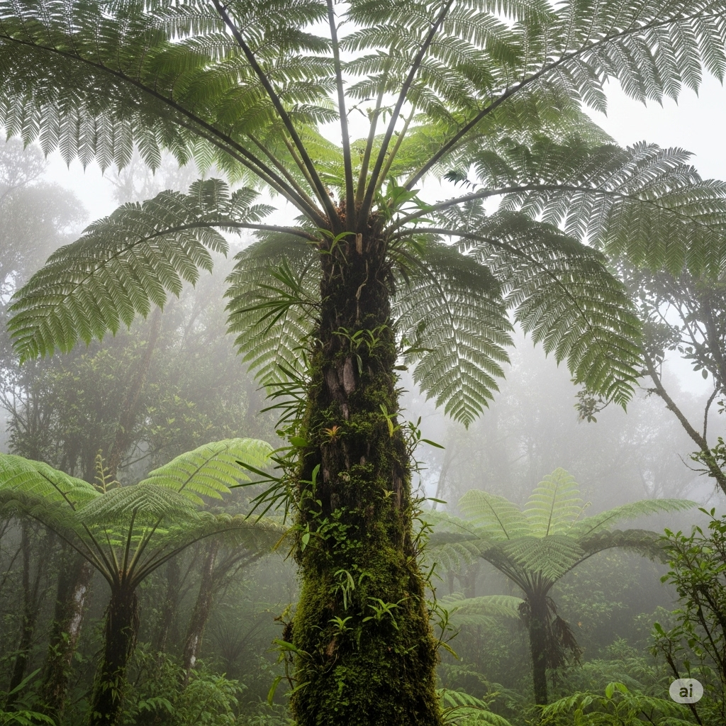Vista de uma samambaia arbórea (Cyathea medullaris) alta em uma floresta de nuvens, com o tronco coberto de musgo e a névoa ao fundo.