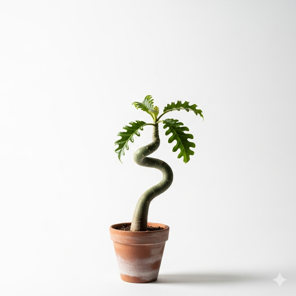 Uma planta rara com caule curvo e folhas onduladas em um vaso de terracota, centralizada em um fundo branco minimalista, destacando sua forma escultural.