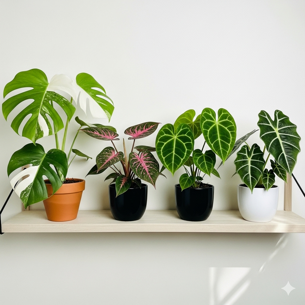Quatro plantas raras em vasos diferentes, alinhadas em uma prateleira de madeira clara: uma Monstera Albo Variegata, uma Philodendron Pink Princess, um Anthurium Clarinervium e uma Alocasia Frydek.