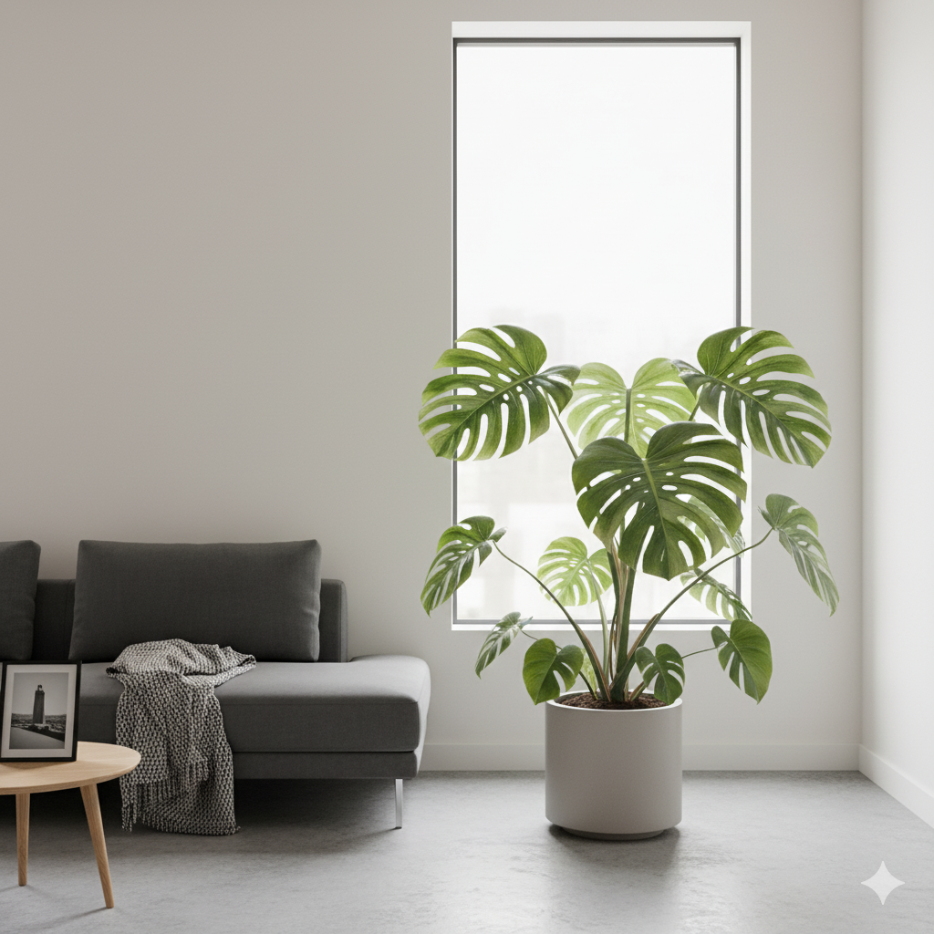 Uma sala minimalista com paredes claras e piso de cimento. Um sofá cinza está à esquerda, com uma manta e uma pequena mesa de centro de madeira com um porta-retrato. À direita, uma grande janela vertical ilumina o espaço, e em frente a ela, uma exuberante Monstera Deliciosa em um vaso cilíndrico cinza atua como o único e dramático ponto focal.