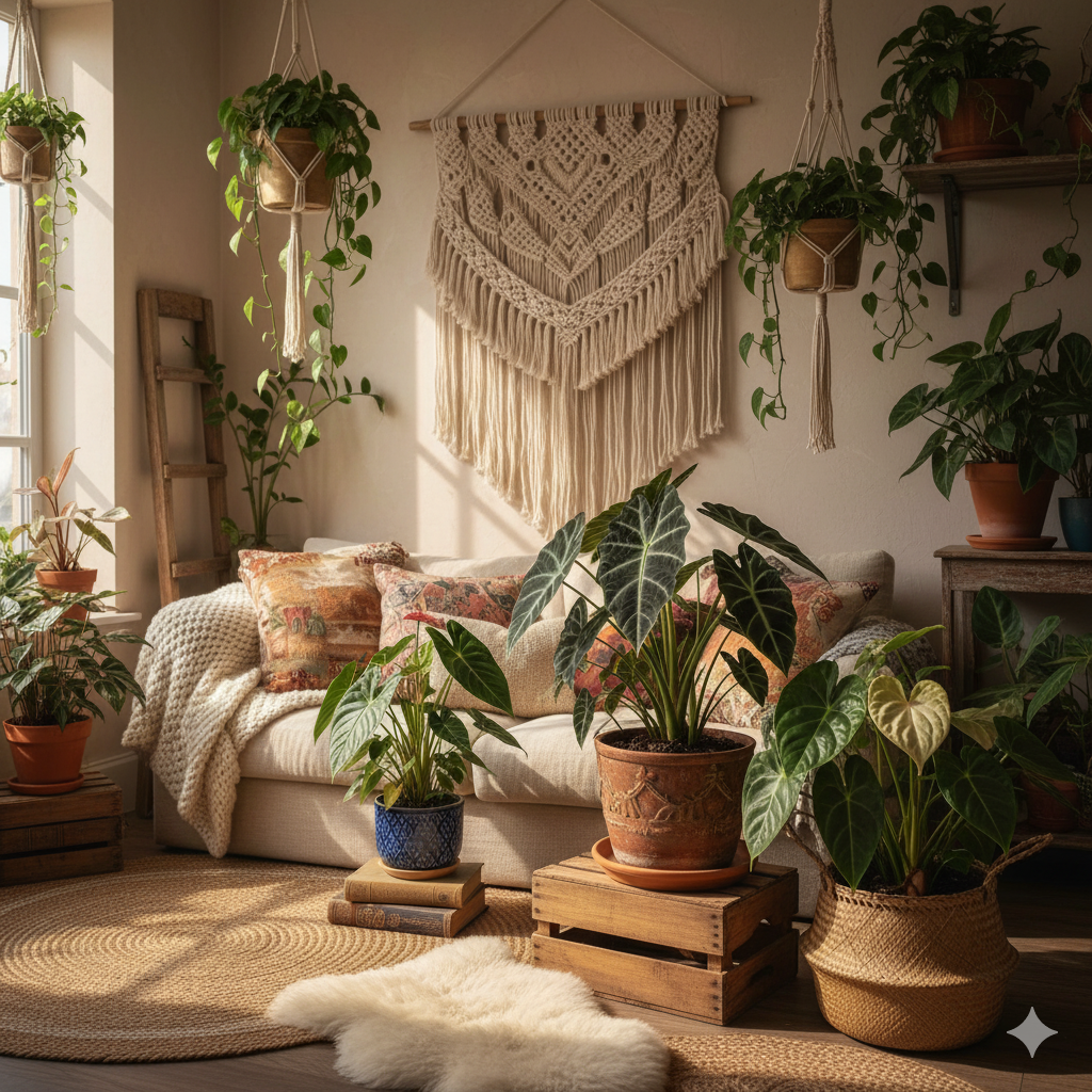 Uma sala aconchegante em estilo boho, com paredes claras e luz solar entrando pela janela. Um sofá claro com almofadas estampadas e uma manta está rodeado por diversas plantas raras, como Alocasia Frydek e Anthurium, em vasos de terracota, cestos de palha e suportes de macramê suspensos. Um tapete de juta redondo, um pufe de pele e um grande painel de macramê na parede complementam a decoração, criando um ambiente rico em texturas e natureza.