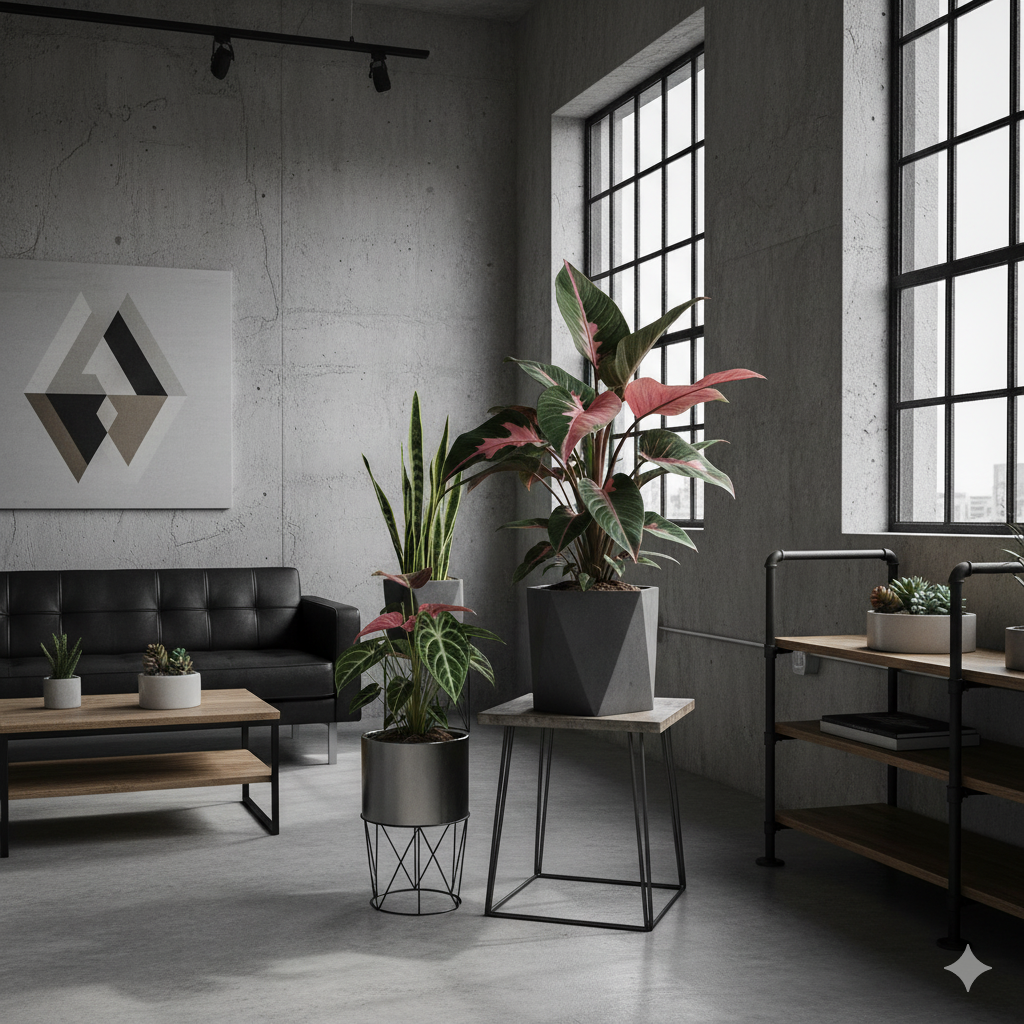 Uma sala de estar moderna e industrial com paredes de concreto e uma grande janela. Plantas raras como a Philodendron Pink Princess e outras de folhas marcantes estão em vasos de cimento e metal, dispostos em prateleiras de metal preto e em pedestais de cimento. Um sofá de couro em tom neutro e uma luminária de piso de design minimalista completam a cena, que contrasta a delicadeza das plantas com a solidez dos materiais.