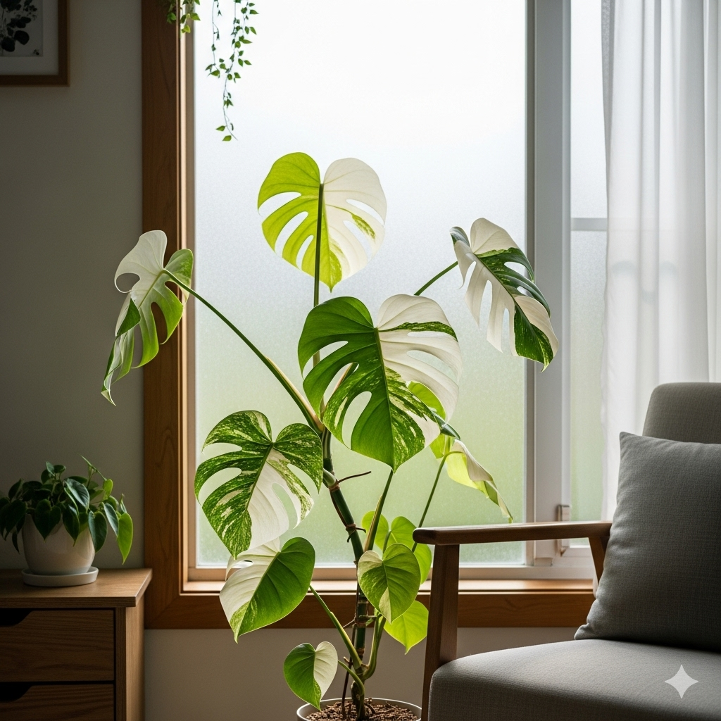 Uma exuberante Monstera Albo Variegata com folhas verdes e brancas vibrantes, posicionada perto de uma janela com vidro fosco que filtra a luz, garantindo iluminação indireta abundante. Ao lado, um pedaço de uma poltrona cinza e uma mesa de madeira com uma pequena planta verde complementam a cena em um ambiente interno.
