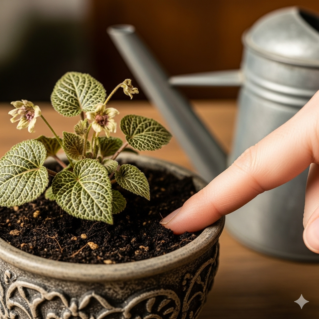 Uma mão de mulher usando o dedo indicador para testar a umidade do solo em um vaso de planta pequena e rara. Ao fundo, parcialmente visível e desfocado, há um regador de metal cinza.